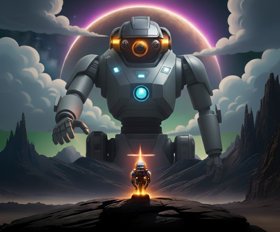 huge robot marmot beside a plateau overlooking the glowing artifact